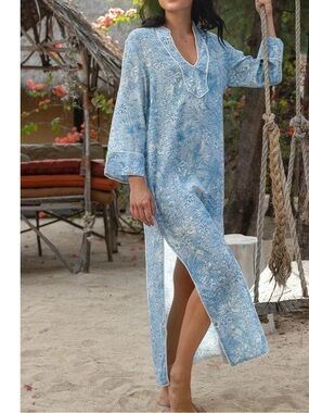 MISS JUNE Paris Lulu Maxi Dress Cotton Small/Medium Blue White Tropical Resort